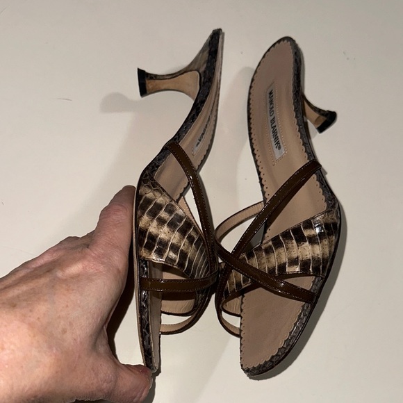 Manolo Blahnik Brown and Animal Print 50mm Strappy Heels - Picture 4 of 5